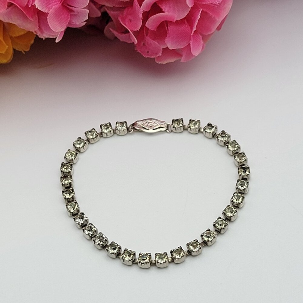 Vintage Clear Rhinestones Sterling Silver 925 Tennis Bracelet 7"